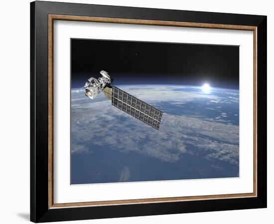 Aqua Satellite Orbiting Earth and Rising Sun-null-Framed Art Print