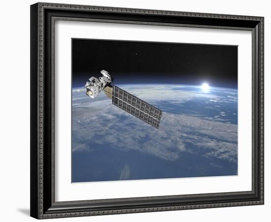 Aqua Satellite Orbiting Earth and Rising Sun-null-Framed Art Print