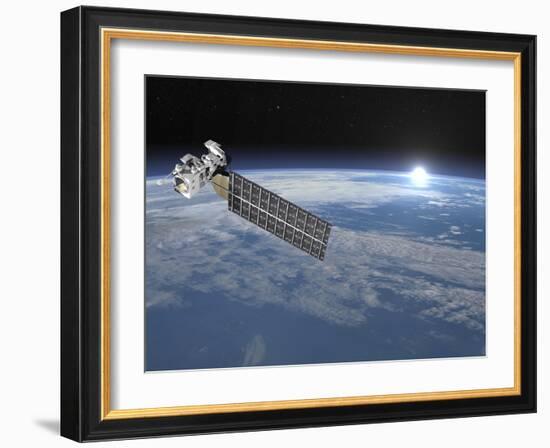 Aqua Satellite Orbiting Earth and Rising Sun-null-Framed Art Print