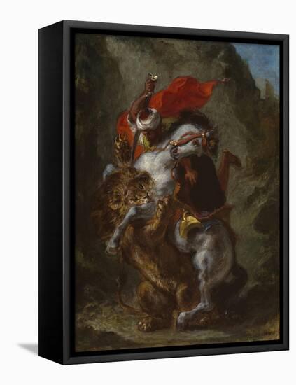 Arab Horseman Attacked by a Lion, 1849-50-Eugene Delacroix-Framed Premier Image Canvas