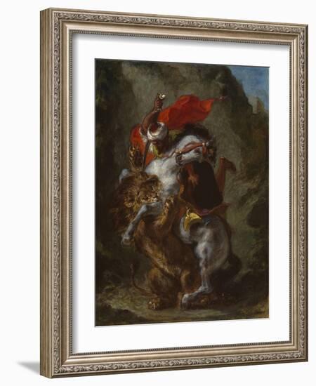 Arab Horseman Attacked by a Lion, 1849-50-Eugene Delacroix-Framed Giclee Print