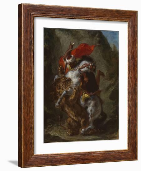 Arab Horseman Attacked by a Lion, 1849-50-Eugene Delacroix-Framed Giclee Print