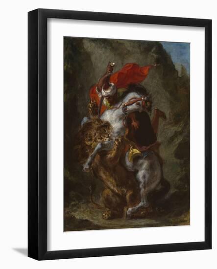 Arab Horseman Attacked by a Lion, 1849-50-Eugene Delacroix-Framed Giclee Print