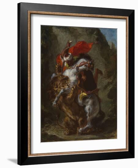 Arab Horseman Attacked by a Lion, 1849-50-Eugene Delacroix-Framed Giclee Print