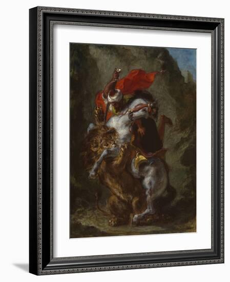 Arab Horseman Attacked by a Lion, 1849-50-Eugene Delacroix-Framed Giclee Print