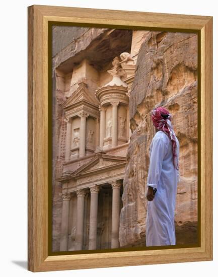 Arab Man Watching Facade of Treasury (Al Khazneh), Petra, Jordan-Keren Su-Framed Premier Image Canvas