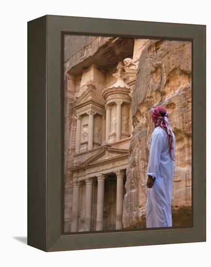 Arab Man Watching Facade of Treasury (Al Khazneh), Petra, Jordan-Keren Su-Framed Premier Image Canvas