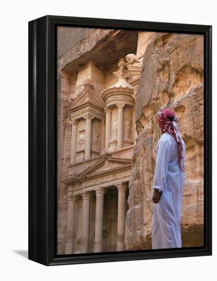 Arab Man Watching Facade of Treasury (Al Khazneh), Petra, Jordan-Keren Su-Framed Premier Image Canvas