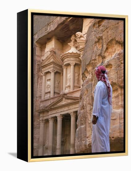 Arab Man Watching Facade of Treasury (Al Khazneh), Petra, Jordan-Keren Su-Framed Premier Image Canvas