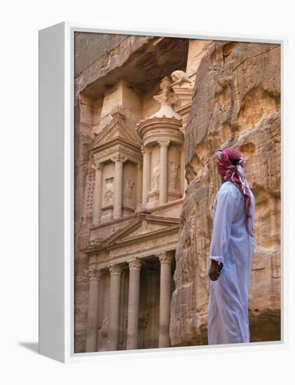 Arab Man Watching Facade of Treasury (Al Khazneh), Petra, Jordan-Keren Su-Framed Premier Image Canvas