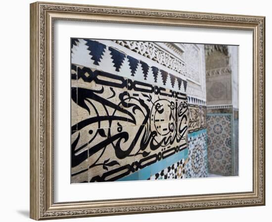 Arabic Calligraphy and Zellij Tilework, Bou Inania Medersa, Meknes, Morocco, North Africa, Africa-Martin Child-Framed Photographic Print