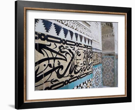 Arabic Calligraphy and Zellij Tilework, Bou Inania Medersa, Meknes, Morocco, North Africa, Africa-Martin Child-Framed Photographic Print