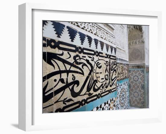 Arabic Calligraphy and Zellij Tilework, Bou Inania Medersa, Meknes, Morocco, North Africa, Africa-Martin Child-Framed Photographic Print