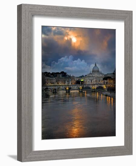 Arch Bridge across Tiber River with St. Peter's Basilica in the Background, Rome, Lazio, Italy-null-Framed Photographic Print