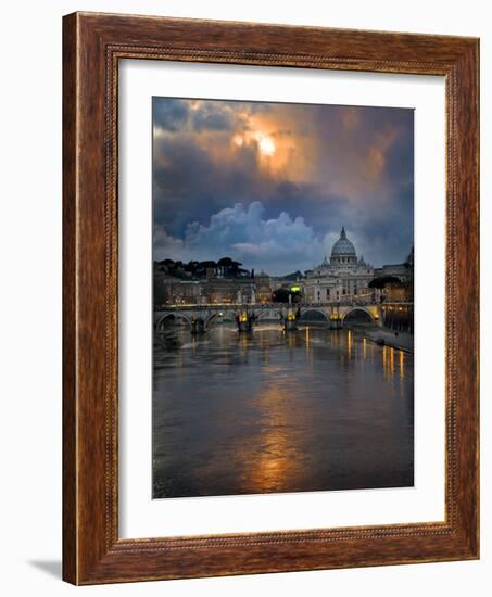 Arch Bridge across Tiber River with St. Peter's Basilica in the Background, Rome, Lazio, Italy-null-Framed Photographic Print