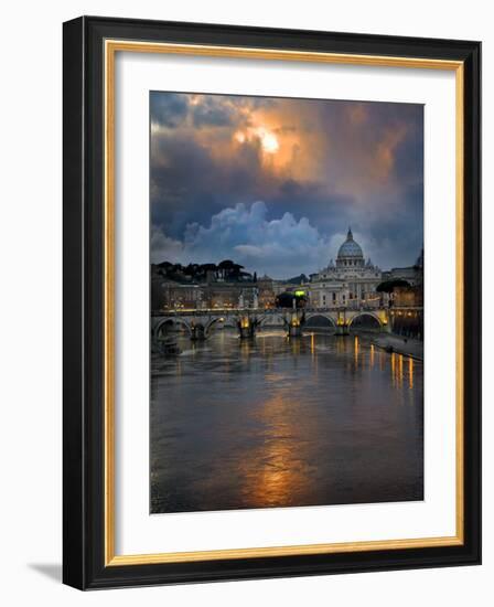 Arch Bridge across Tiber River with St. Peter's Basilica in the Background, Rome, Lazio, Italy-null-Framed Photographic Print