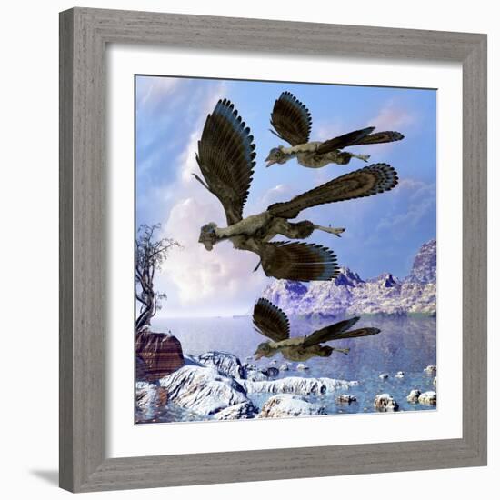 Archaeopteryx Birds Fly Near a Shoreline on a Cloudy Prehistoric Day-Stocktrek Images-Framed Art Print