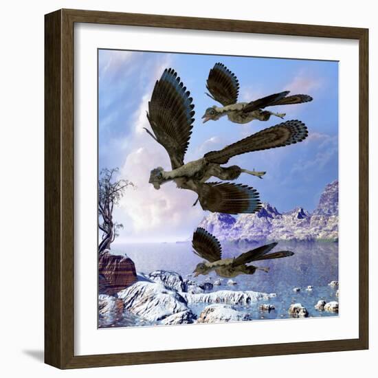 Archaeopteryx Birds Fly Near a Shoreline on a Cloudy Prehistoric Day-Stocktrek Images-Framed Art Print