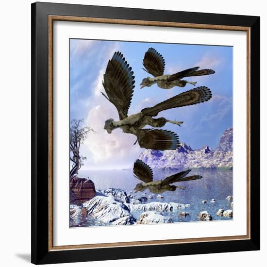 Archaeopteryx Birds Fly Near a Shoreline on a Cloudy Prehistoric Day-Stocktrek Images-Framed Art Print