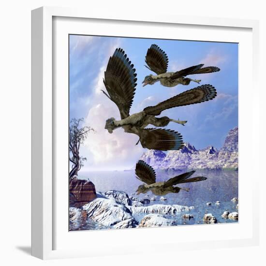 Archaeopteryx Birds Fly Near a Shoreline on a Cloudy Prehistoric Day-Stocktrek Images-Framed Art Print