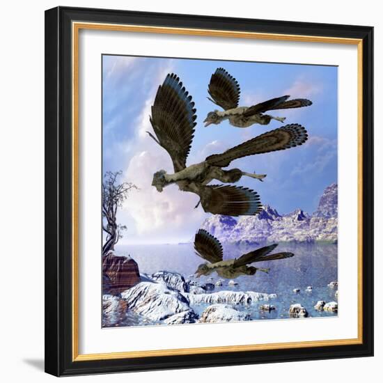 Archaeopteryx Birds Fly Near a Shoreline on a Cloudy Prehistoric Day-Stocktrek Images-Framed Art Print