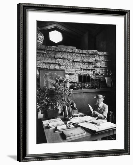 Architect Frank Lloyd Wright Working at Desk in His Home Taliesin-Alfred Eisenstaedt-Framed Premium Photographic Print