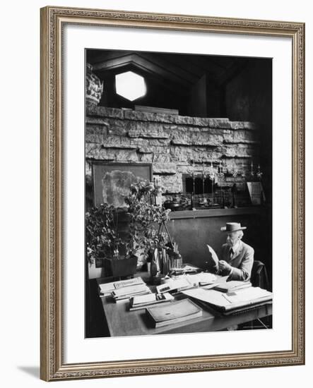 Architect Frank Lloyd Wright Working at Desk in His Home Taliesin-Alfred Eisenstaedt-Framed Premium Photographic Print