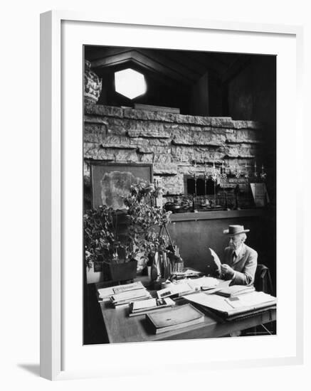 Architect Frank Lloyd Wright Working at Desk in His Home Taliesin-Alfred Eisenstaedt-Framed Premium Photographic Print