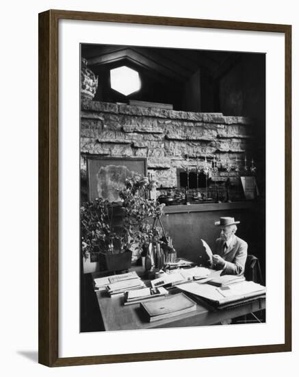 Architect Frank Lloyd Wright Working at Desk in His Home Taliesin-Alfred Eisenstaedt-Framed Premium Photographic Print