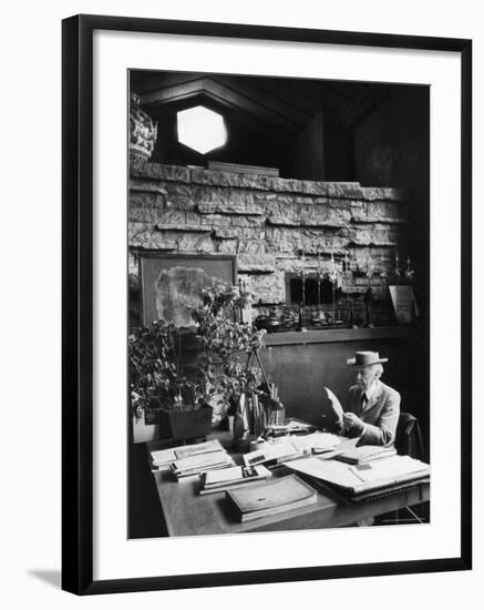 Architect Frank Lloyd Wright Working at Desk in His Home Taliesin-Alfred Eisenstaedt-Framed Premium Photographic Print