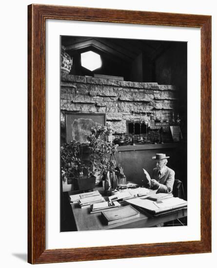 Architect Frank Lloyd Wright Working at Desk in His Home Taliesin-Alfred Eisenstaedt-Framed Premium Photographic Print