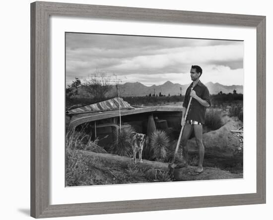 Architect Paolo Soleri Standing Outside His Underground, Concrete House-null-Framed Premium Photographic Print