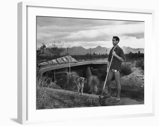 Architect Paolo Soleri Standing Outside His Underground, Concrete House-null-Framed Premium Photographic Print