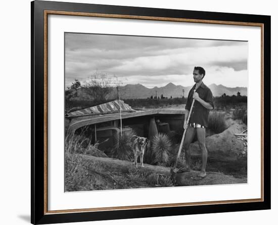 Architect Paolo Soleri Standing Outside His Underground, Concrete House-null-Framed Premium Photographic Print