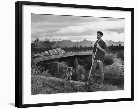 Architect Paolo Soleri Standing Outside His Underground, Concrete House-null-Framed Premium Photographic Print