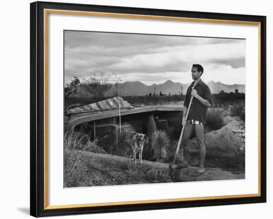 Architect Paolo Soleri Standing Outside His Underground, Concrete House-null-Framed Premium Photographic Print