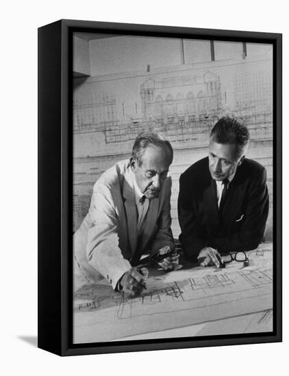 Architect Pietro Belluschi and Walter Gropius Looking over Some Blue Prints-Carl Mydans-Framed Premier Image Canvas