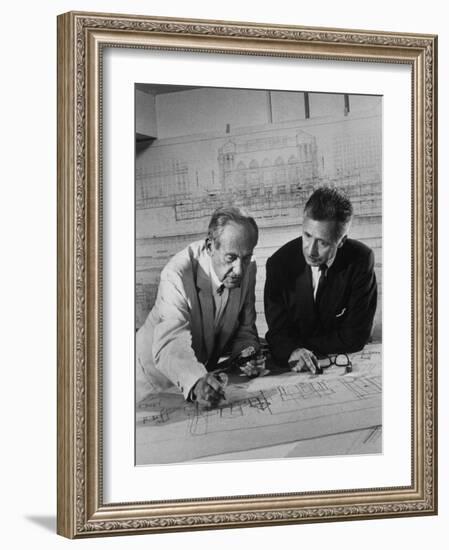 Architect Pietro Belluschi and Walter Gropius Looking over Some Blue Prints-Carl Mydans-Framed Photographic Print