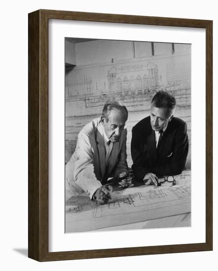 Architect Pietro Belluschi and Walter Gropius Looking over Some Blue Prints-Carl Mydans-Framed Photographic Print