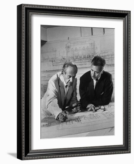 Architect Pietro Belluschi and Walter Gropius Looking over Some Blue Prints-Carl Mydans-Framed Photographic Print