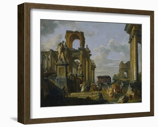 Architectural Capriccio of the Roman Forum with Philosophers and Soldiers Among Ancient Ruins-Giovanni Paolo Panini-Framed Photographic Print