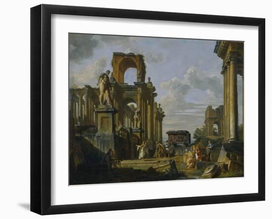 Architectural Capriccio of the Roman Forum with Philosophers and Soldiers Among Ancient Ruins-Giovanni Paolo Panini-Framed Photographic Print