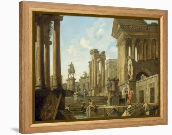 Architectural Capriccio with Ruins, Equestrian Statue of Marcus Aurelius and Figures by a Pool-Giovanni Paolo Pannini-Framed Premier Image Canvas