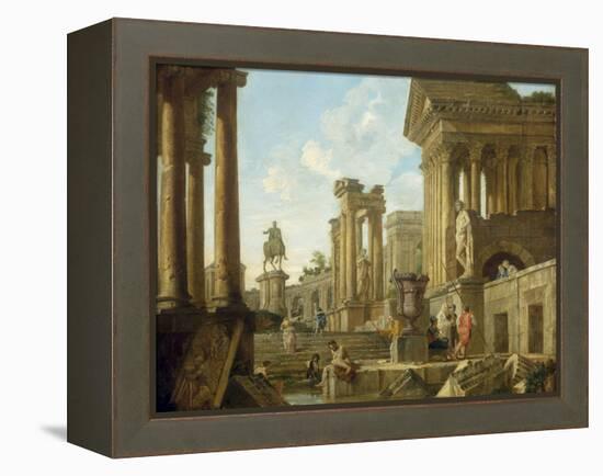 Architectural Capriccio with Ruins, Equestrian Statue of Marcus Aurelius and Figures by a Pool-Giovanni Paolo Pannini-Framed Premier Image Canvas