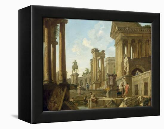 Architectural Capriccio with Ruins, Equestrian Statue of Marcus Aurelius and Figures by a Pool-Giovanni Paolo Pannini-Framed Premier Image Canvas