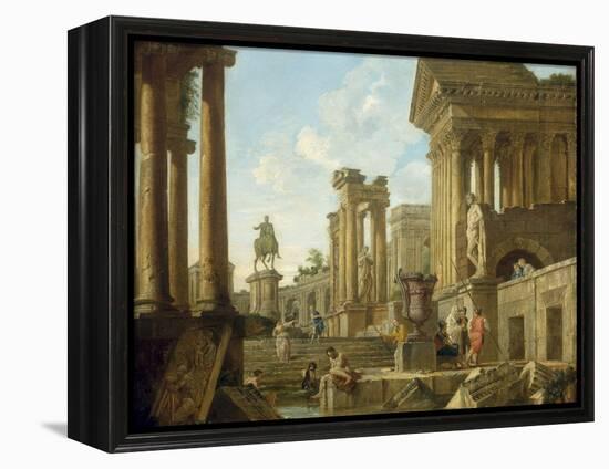Architectural Capriccio with Ruins, Equestrian Statue of Marcus Aurelius and Figures by a Pool-Giovanni Paolo Pannini-Framed Premier Image Canvas
