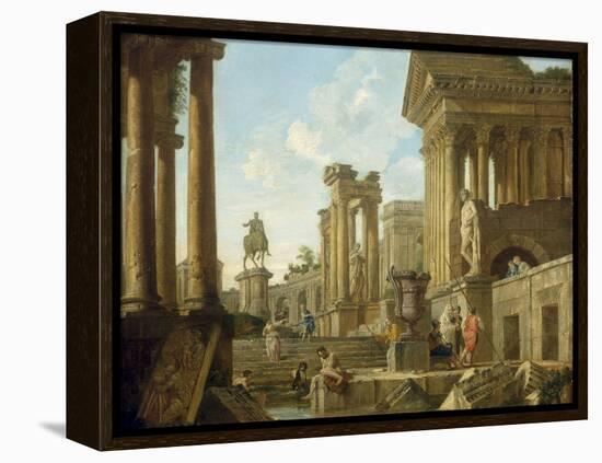 Architectural Capriccio with Ruins, Equestrian Statue of Marcus Aurelius and Figures by a Pool-Giovanni Paolo Pannini-Framed Premier Image Canvas