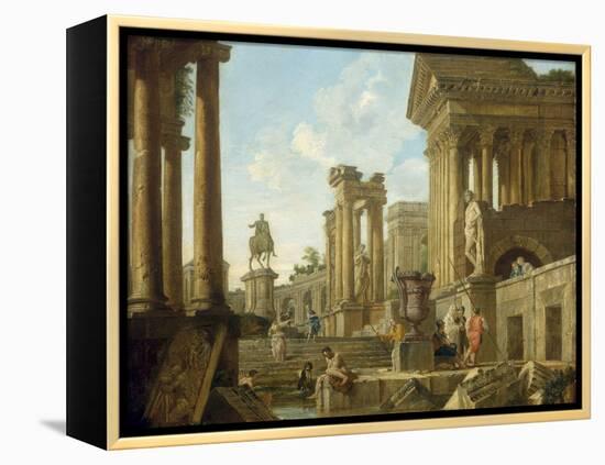 Architectural Capriccio with Ruins, Equestrian Statue of Marcus Aurelius and Figures by a Pool-Giovanni Paolo Pannini-Framed Premier Image Canvas