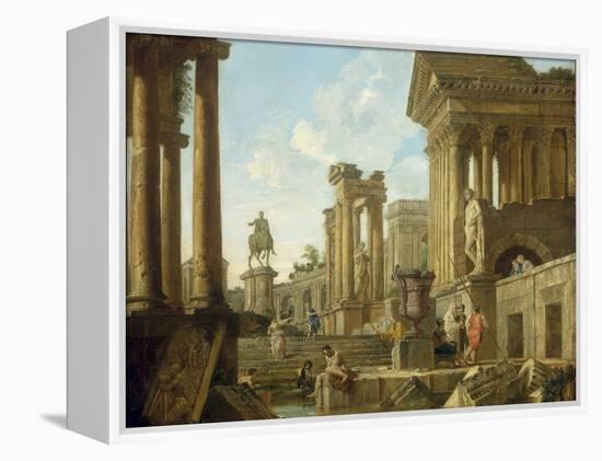 Architectural Capriccio with Ruins, Equestrian Statue of Marcus Aurelius and Figures by a Pool-Giovanni Paolo Pannini-Framed Premier Image Canvas