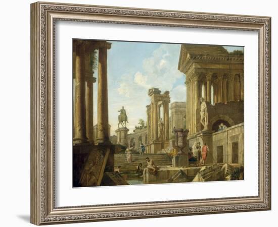 Architectural Capriccio with Ruins, Equestrian Statue of Marcus Aurelius and Figures by a Pool-Giovanni Paolo Pannini-Framed Giclee Print